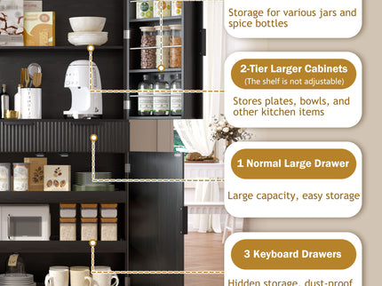 Fluted Kitchen Pantry Cabinet With 3 Keyboard Drawers & 6 Adjustable Door Shelves