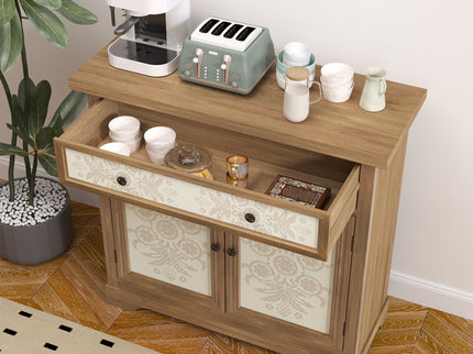 Accent Cabinet With Carved Floral Panels, Sideboard With Drawer And Double Doors - Antique Brown / White