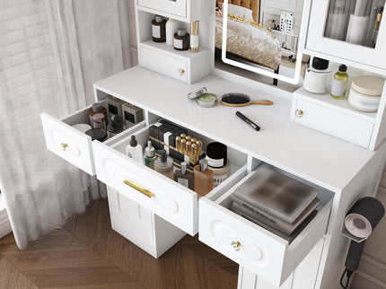 Large Vanity Table Set With Mirror, 6 Drawers & Shelves, Power Socket, Hair Dryer Holder, Cabinet Light, Dressing Desk - White