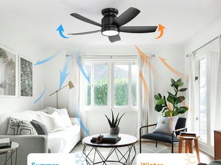 Flush Mount Ceiling Fan With LED Light 22W And Remote Control Blades For Indoor Use - Black