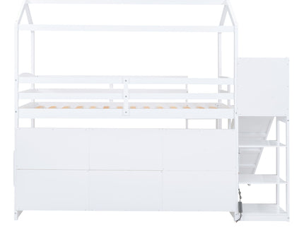 House Loft Bed With Slide, Storage Shelves And Light, Climbing Ramp
