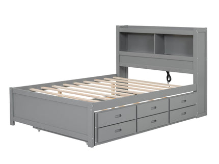 Full Size Platform Bed With Trundle, Drawers, USB Ports And Built In Shelves - Gray