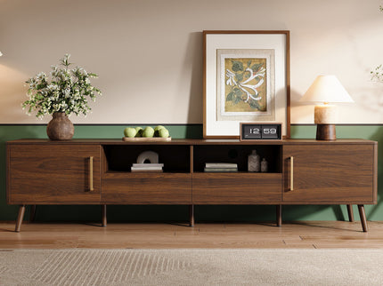 78" TV Stand For 85" TVs With Soft Close Doors, Open Shelf - Walnut