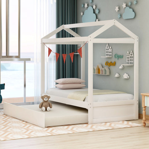 House Bed With Trundle In, Twin Size - White