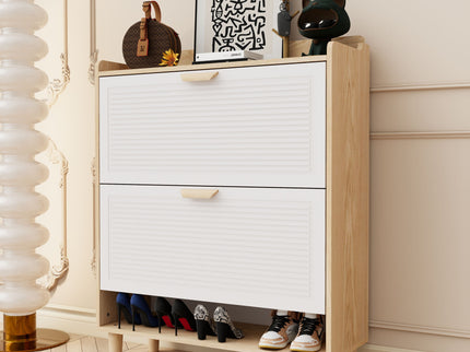Shoe Storage Cabinet With 2 Flip Drawers, Compact Entryway Organizer - Natural / White