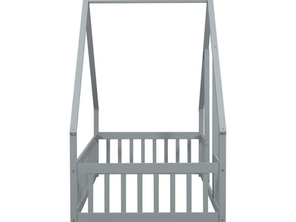 Wood House-Shaped Floor Bed With Fence, Guardrails