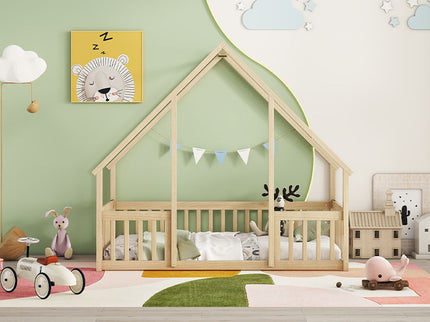 Wood House-Shaped Floor Bed With Fence, Guardrails
