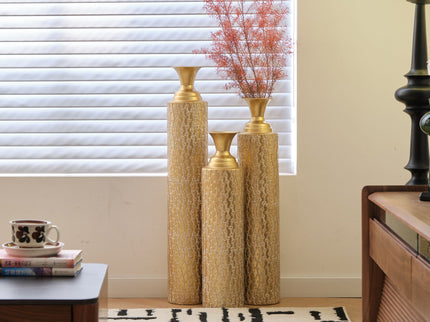 Metal Decorative Vases High Distress Metal Center Vases With Growing Vine Patterns, (Set of 3) Vases For Home Decoration - Gold