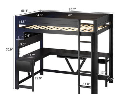 Gaming Loft Bed With Desk, Storage Shelves, LED And Charging Station