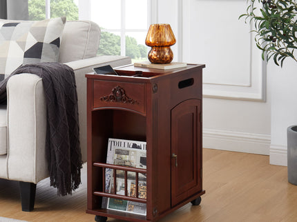 Traditional End Table With Charging Station, Narrow Side Table With USB Ports And Outlets - Red Walnut