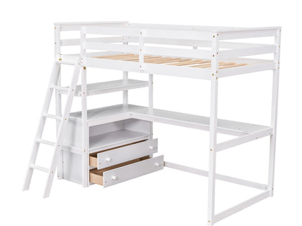 Modern Loft Bed With Built In Desk, Shelves, And 2 Drawers