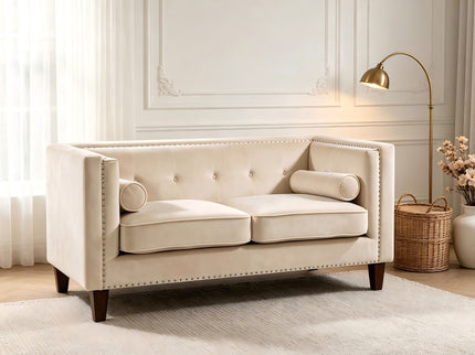 Button Tufted Square Arm Loveseat Sofa With Nailhead Trim, Upholstered 2 Seater Couch - Ivory