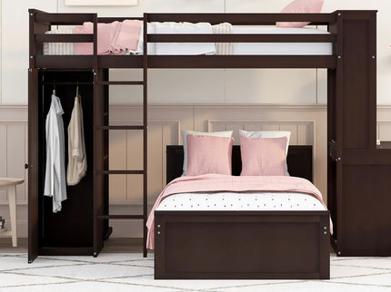 Loft Bed With A Stand Alone Bed, Shelves, Desk, And Wardrobe
