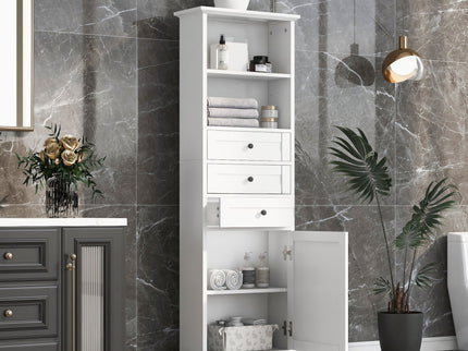 Tall Storage Cabinet With 3 Drawers And Adjustable Shelves For Bathroom