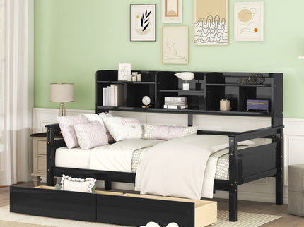 Daybed, Slat Support, With Bedside Shelves And 2 Drawers
