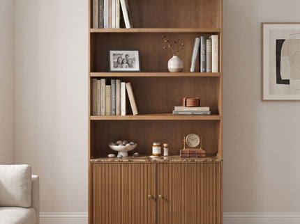 Tall Bookcase Storage Cabinet With 3 Open Shelves & Fluted Double Doors