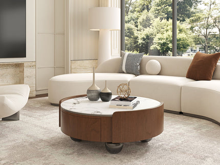 Round Coffee Table With Ball Feet, Dual Storage Drawers For Living Room - Walnut Brown