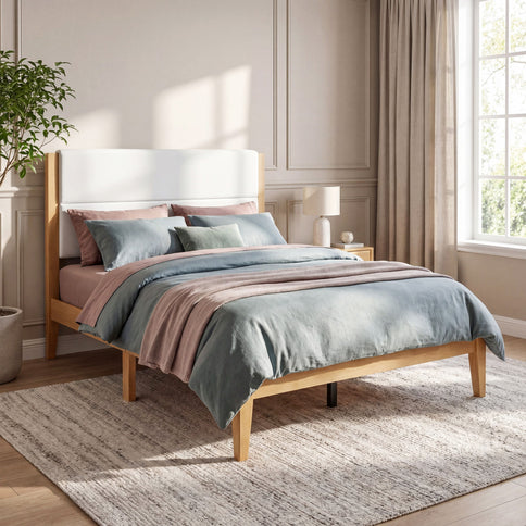 Platform Bed Frame With Upholstered Headboard, Slat Support