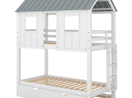 Twin Size House Bunk Bed With Trundle, Roof And Windows - White / Gray