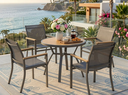 Gray Aluminum Patio Dining Set With Textilene Chairs, 5 Piece All Weather Round Table And 4 Seater For Garden, Deck, Or Porch