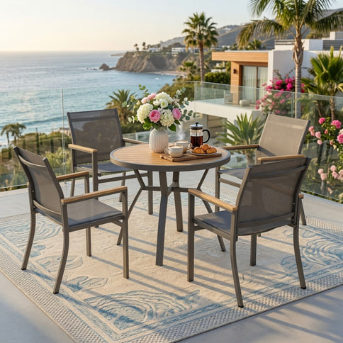 Gray Aluminum Patio Dining Set With Textilene Chairs, 5 Piece All Weather Round Table And 4 Seater For Garden, Deck, Or Porch