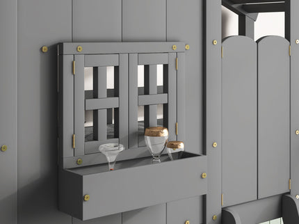 House Bunk Bed With Roof, Window, Window Box, Door, With Safety Guardrails And Ladder