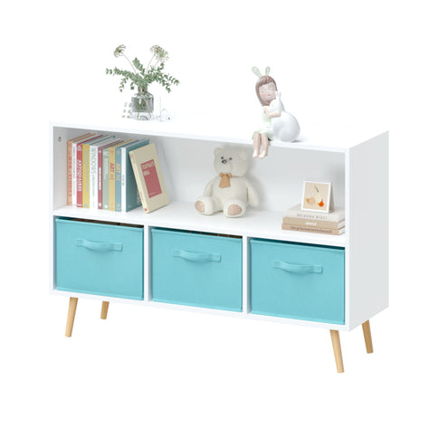 Bookcase With Collapsible Drawers, Book Display Storage Cabinet Organizer - White / Blue