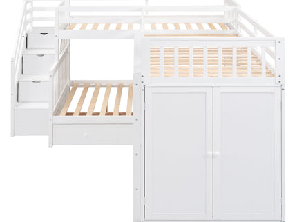 L Shaped Bunk Bed With 3 Drawers, Portable Desk And Wardrobe