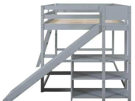 Bunk Bed With Ladder, Slide, And Shelves Pine Wood