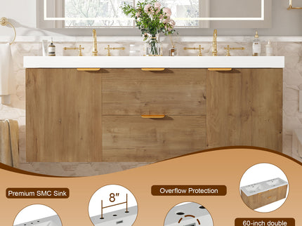 Double Sink Bathroom Vanity Soft Close Doors, Divided Drawers, Wall Mounted - Wood