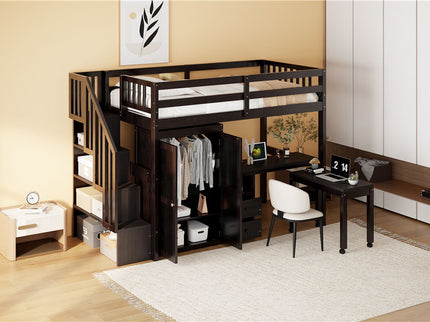 Loft Bed With Stairs, Bookshelf, Drawers, Desk & Wardrobe, Space Saving Multifunctional Furniture