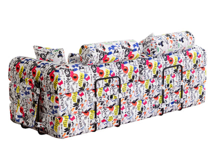 Pop Graffiti Printed Convertible Sleeper Sofa Bed, Foldable Multi Functional Couch For Living Room - White