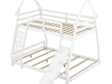 Twin Over Queen House Bunk Bed With Climbing Nets And Climbing Ramp
