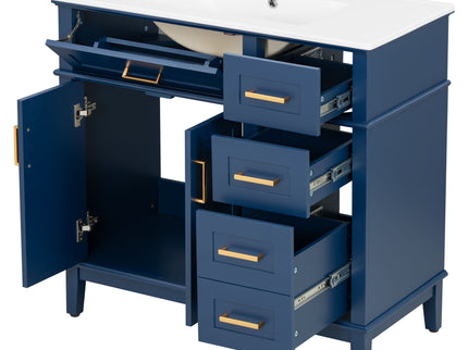 Bathroom Vanity With Ceramic Sink, Soft-Close Doors, 4 Storage Drawers - Blue