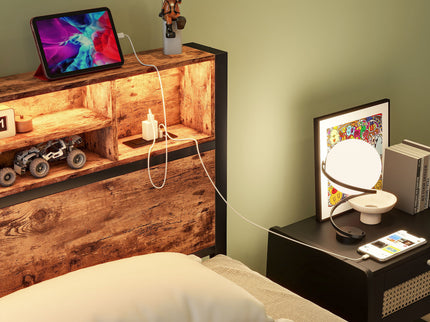 Modern Twin Size Metal Platform Bed Frame With Storage Headboard And Charging Station - Brown
