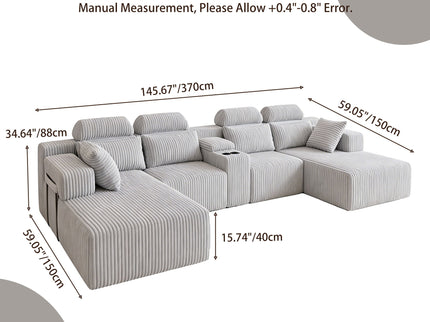 U-Shaped Sectional Sofa With Chaise Lounge And Cup Holders