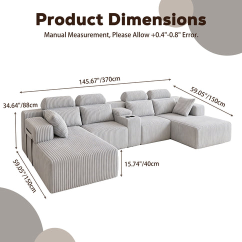 U-Shaped Sectional Sofa With Chaise Lounge And Cup Holders