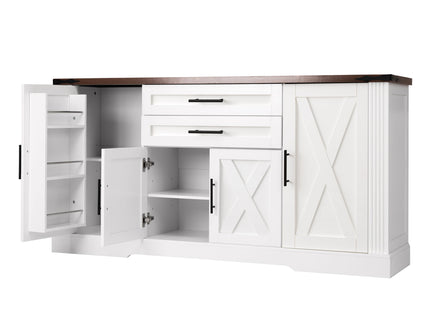 Barn Door Storage Cabinet With 2 Drawers & Door Rack, Adjustable Shelves