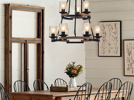 Wagon Wheel Chandelier, Ceiling Light With Adjustable Height - Black / Brown