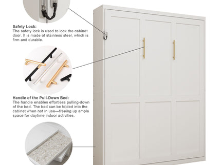 Queen Size Wall Mounted Murphy Bed With Manual Height Adjustable Desk, Cabinet & Frame & Computer Desk - White