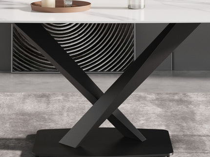 70.87" Modern Artificial Stone White Curved Black Metal Leg Dining Table, Can Accommodate 6-8 People - White / Black