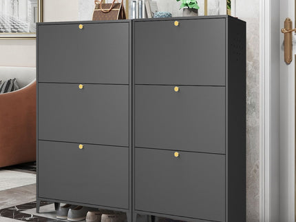 3 Drawer All Steel Shoe Cabinet, Freestanding Storage Organizer With Flip Door