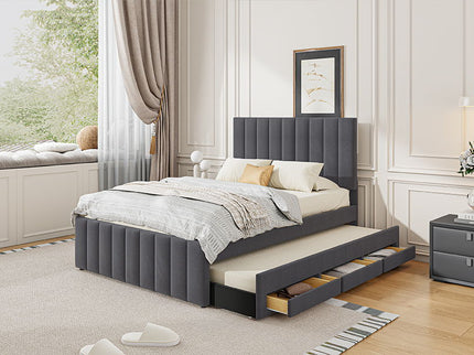 Upholstered Platform Bed With Twin Size Trundle And 3 Drawers