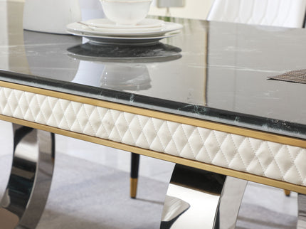 Luxury Modern Dining Table With 6 Chairs Marble Top Titanium Plated Base - Black