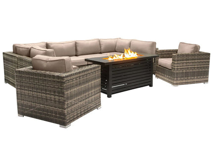 9 Piece Outdoor Sectional Set With Fire Pit Table And Cushions - Beige