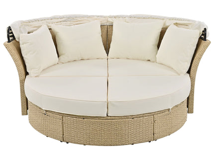 Outdoor Patio Daybed Wicker Rattan Double Daybed Round Sofa Furniture Set With Retractable Canopy, 4 Pillows For Lawn Garden