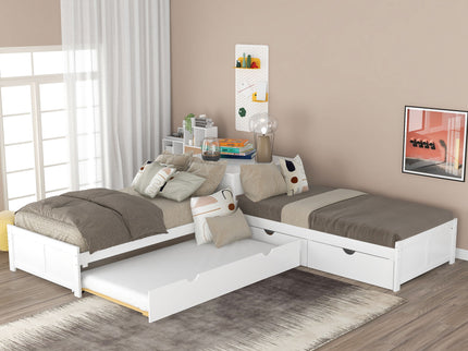 L Shaped Platform Bed With Trundle And Drawers Linked With Built In Desk