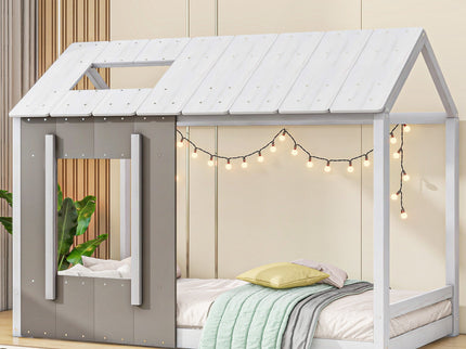 Twin Size House Platform Bed With Roof And Window - Natural / White