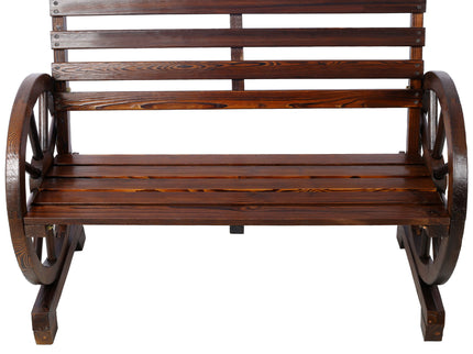 Rustic Country 2 Person Wooden Wagon Wheel Bench With Slatted Seat And Backrest - Brown