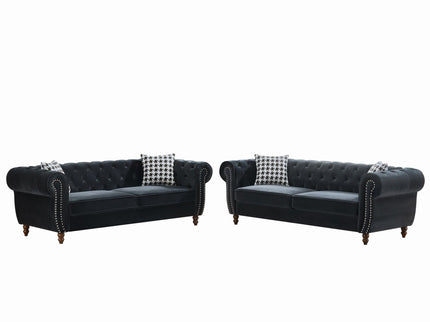 Chesterfield Upholstery Fabric Sofa With Roll Armrest & Nailhead, Mid Century Modern 3 And 3 Seater Couch